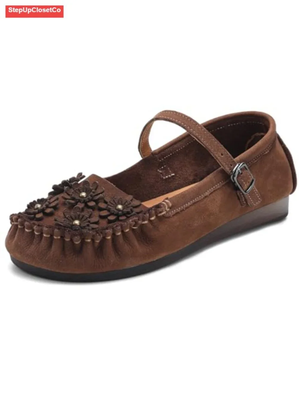 Mary Jane Flats Matte Cowhide Leather Buckle Comfortable Non-Slip Dress Casual